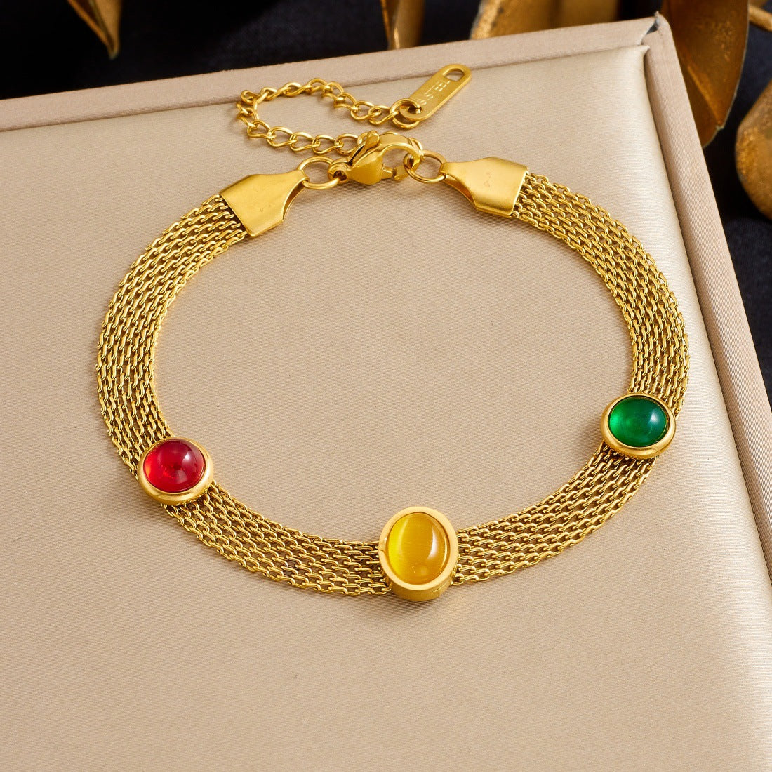 Vintage Gold Plated Mesh Chain Oval Geometric Resin Stainless Steel Bracelet for Women