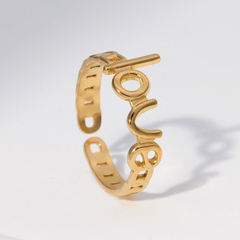 Anello aperto regolabile in acciaio al titanio con placcatura, per donna, con design a lettera d'amore minimalista