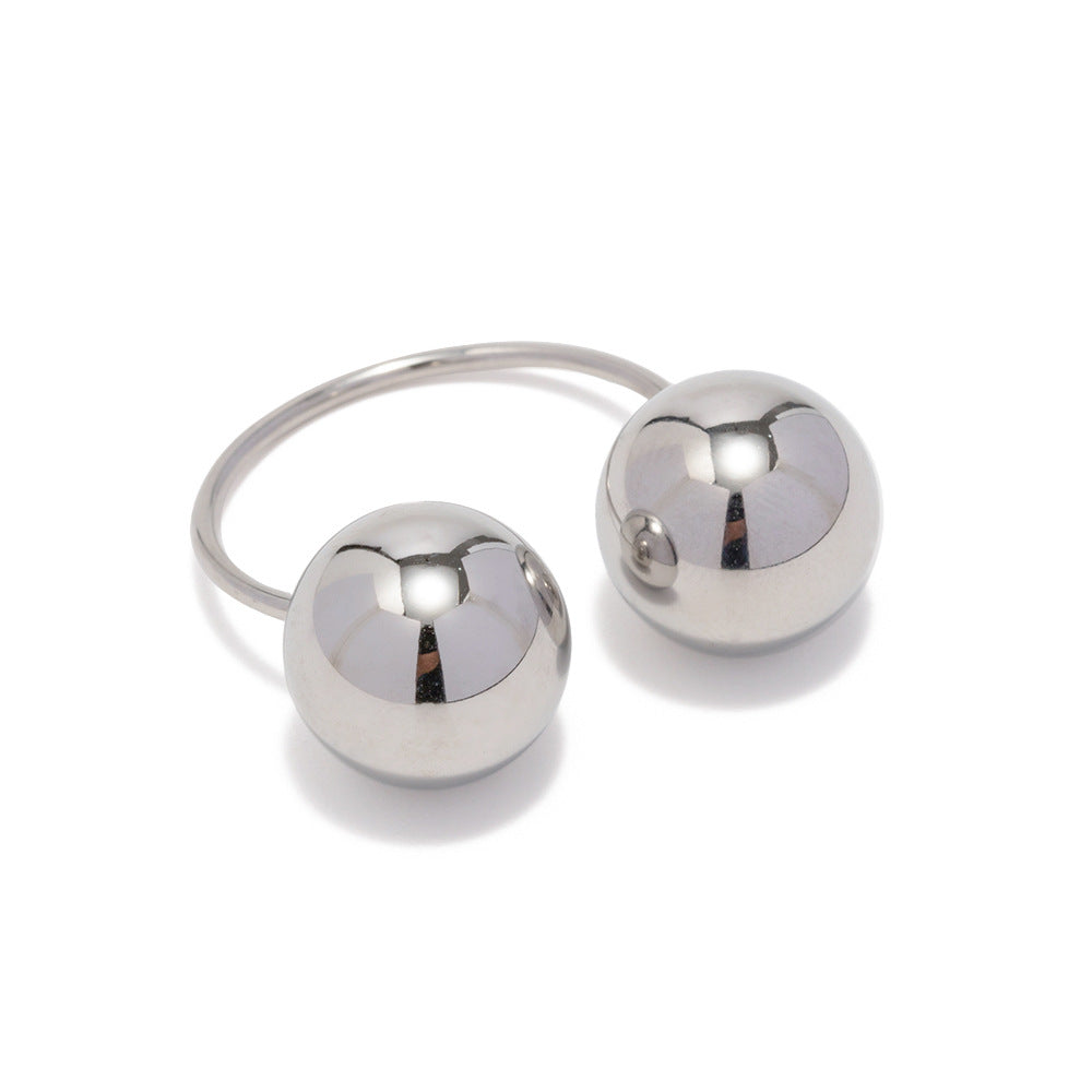 Ins Style Geometric Stainless Steel Plated Double Ball Open Ring for Women