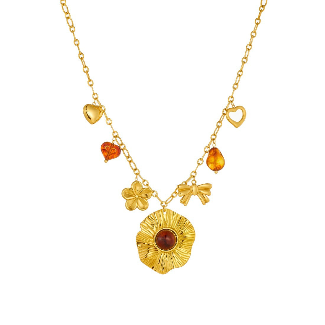 Vintage Gold Plated Floral Bow Heart Stainless Steel and Resin Pendant Necklace for Women