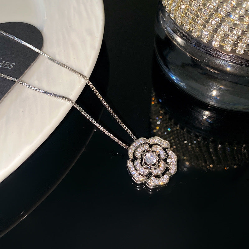 Minimalist Sweet Rhinestone Camellia Flower Titanium Steel Necklace with Brass Pendant for Unisex