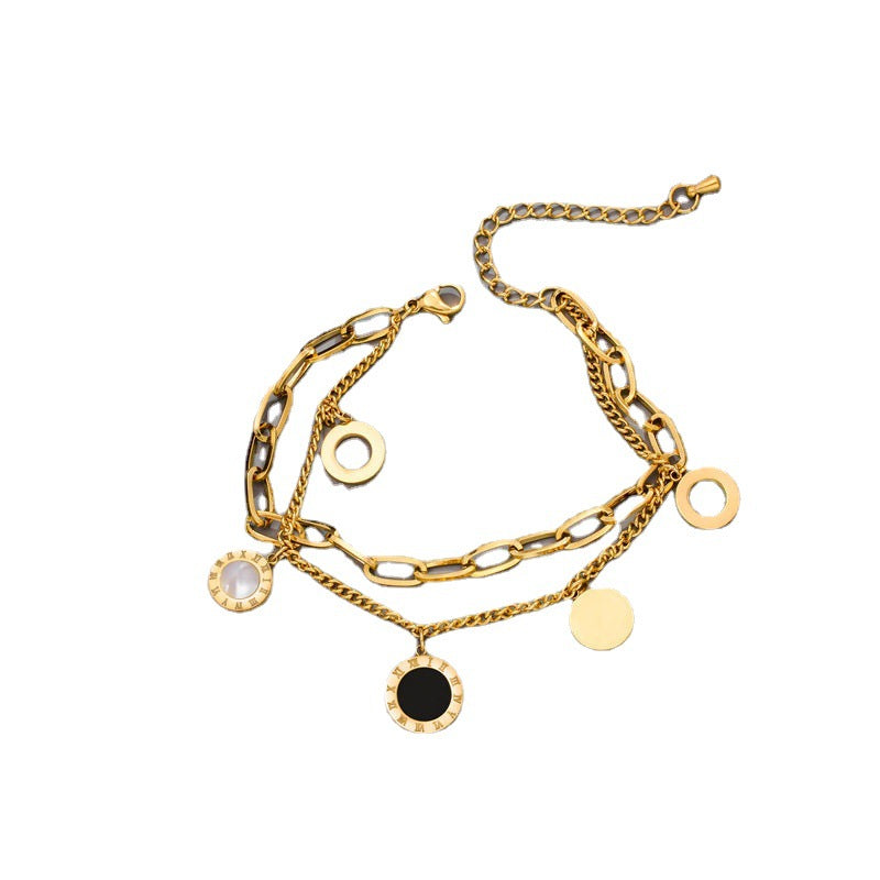 Minimalist Geometric Titanium Steel Bracelet for Women with Roman Numerals and Black White Shell Accents