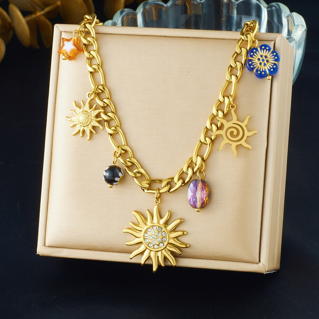 Vintage Elegant Gold Plated Rhinestone Inlaid Stainless Steel and Acrylic Sunflower Pendant Necklace and Bracelet Set for Women