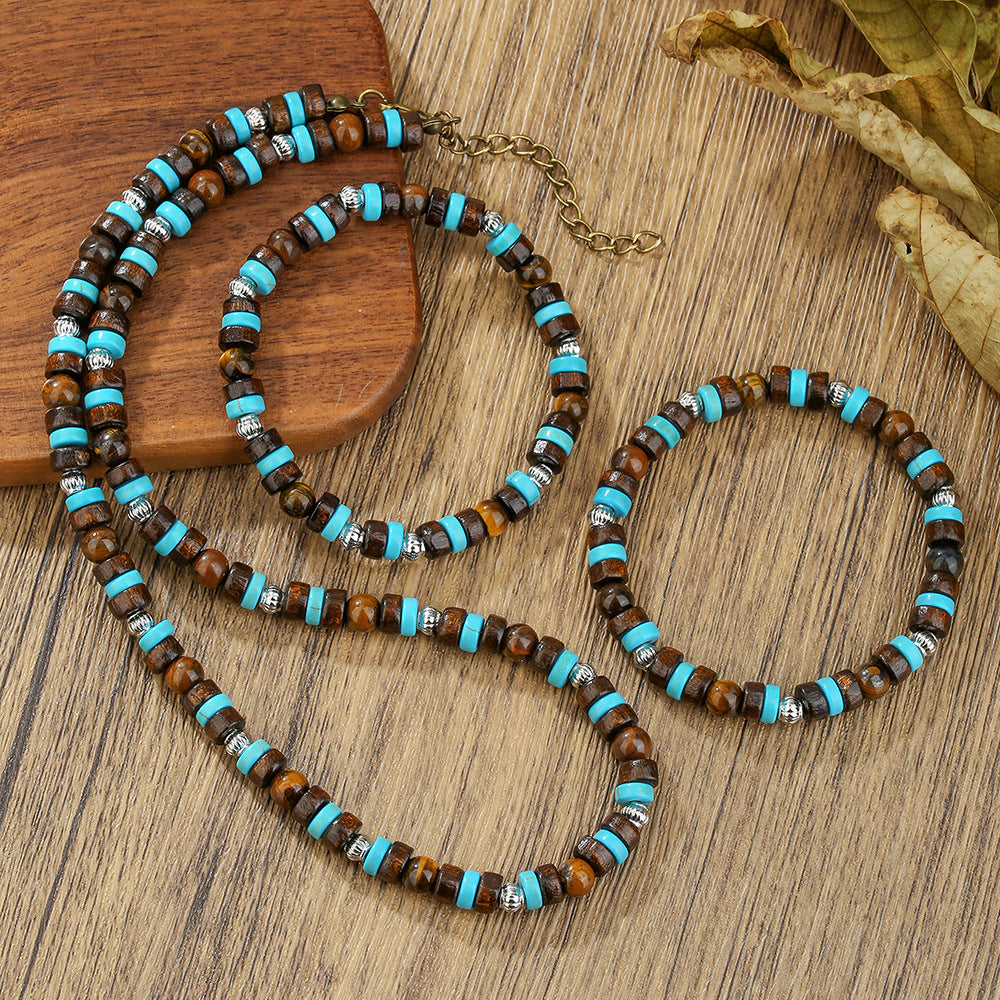 Personalized Geometric Handmade Turquoise and Wood Bead Necklace for Men and Women