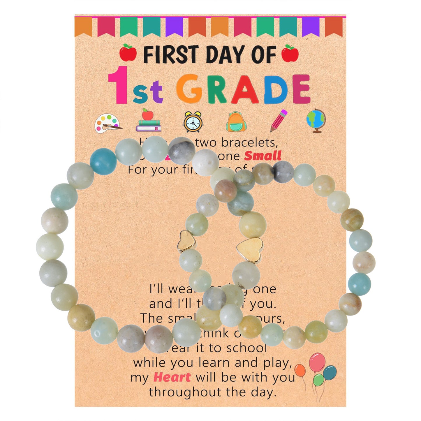 Natural Stone Crystal Amazonite Heart Round Bracelet Set with Grade Cards for Women Girls Back to School Gift