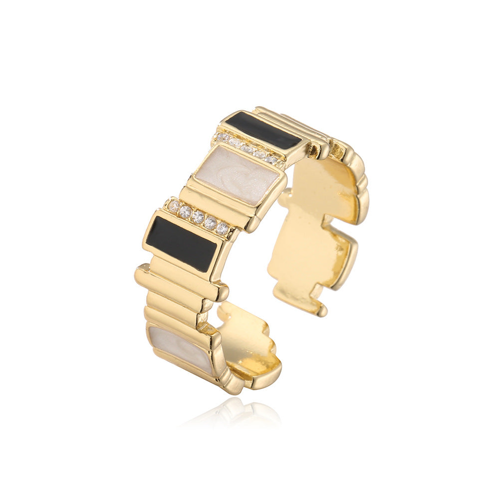 Geometric Open Ring for Women with Copper Base Plated in Real Gold Featuring Zircon Inlay and Enamel Finish