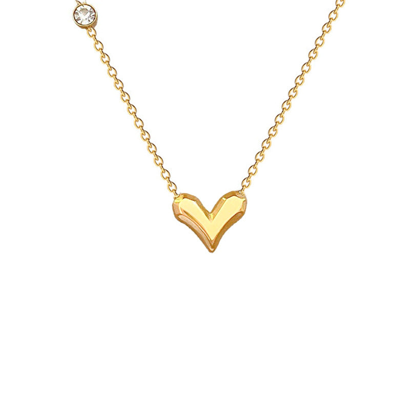 Minimalist Titanium Steel Heart Pendant Collar Chain with Zircon Floral Accents