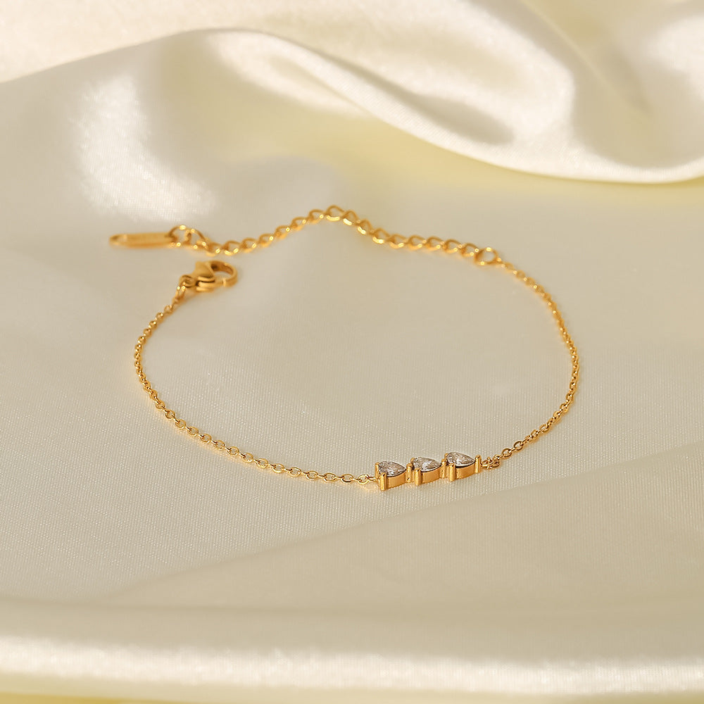INS Style Geometric Stainless Steel Fine Chain Bracelet with 18K Gold Plated Drop Pendant and Cubic Zirconia Inlay for Women