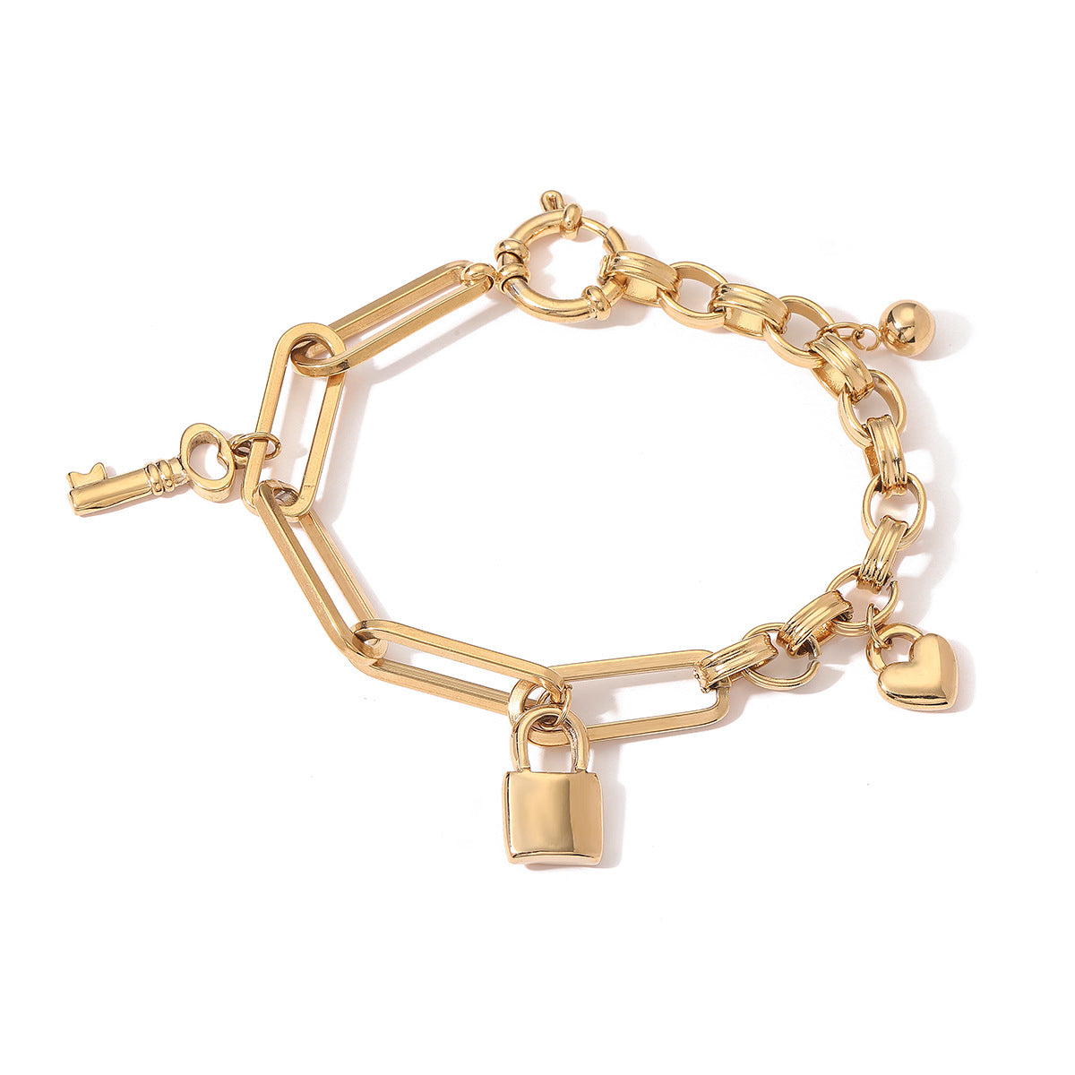 Minimalist Heart Lock Key Pendant Bracelet for Women in Titanium Steel with 18K Gold Plating