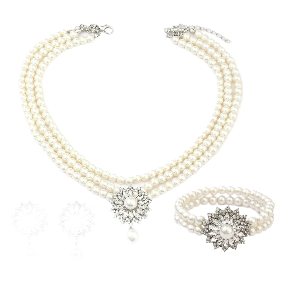 Minimalist Snowflake Pearl Necklace Set with Rhinestone Pendant, Plated Pearl Bracelet and Earrings for Women