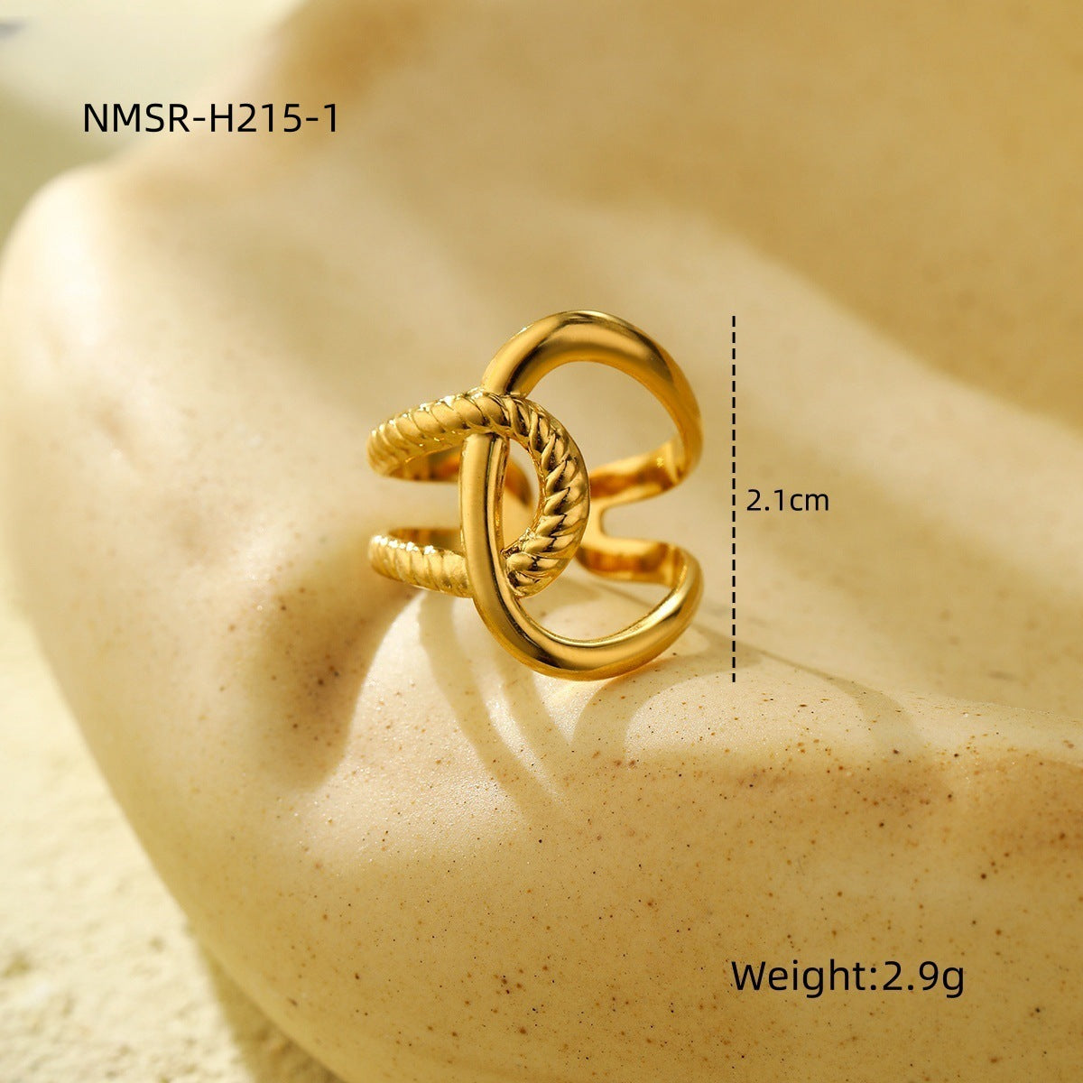 Anillo minimalista geométrico de acero inoxidable con baño de oro de 18 quilates y diseño de banda trenzada irregular para mujer