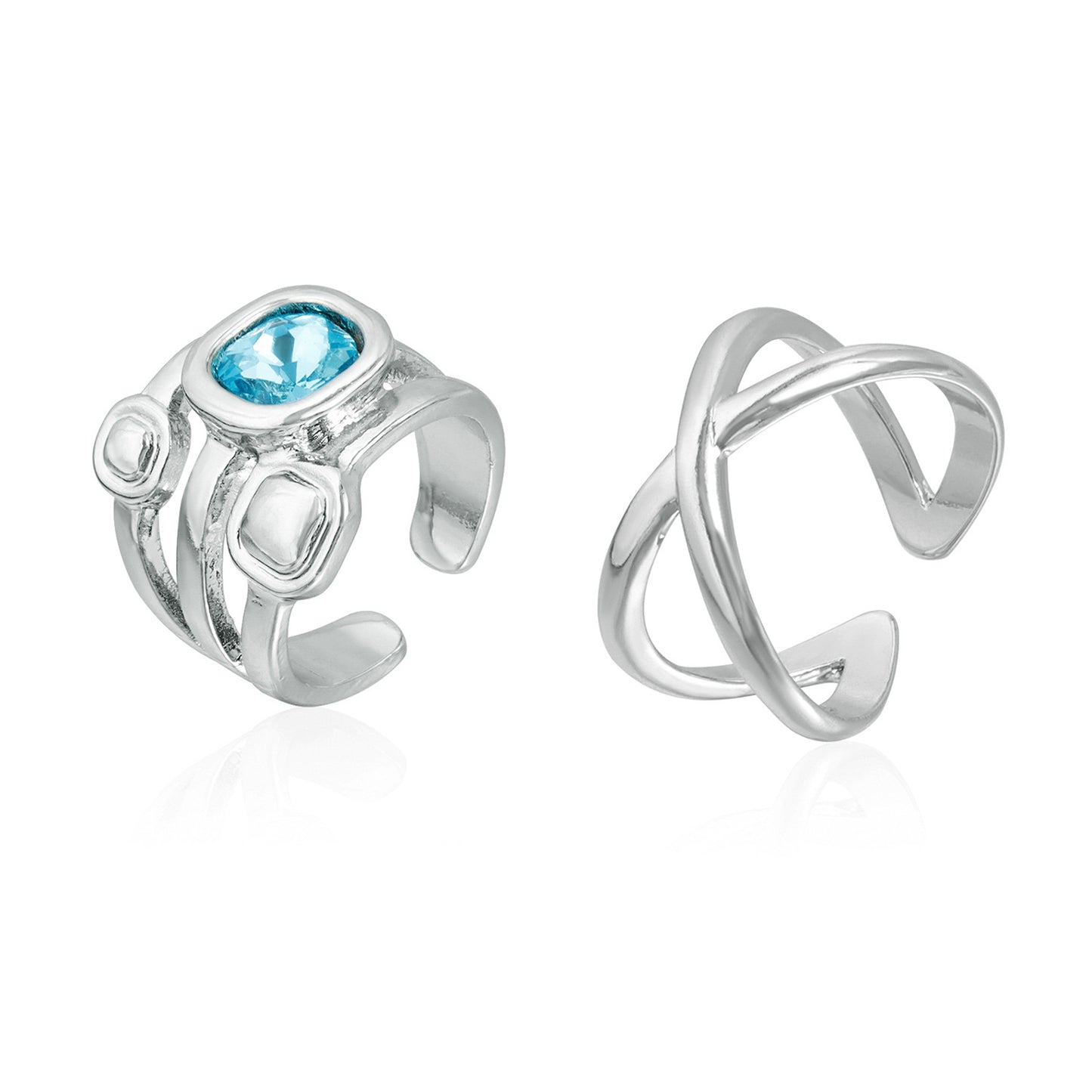 Anillo Abierto Geométrico Ajustable con Acabado Metálico Plateado y Detalles de Piedras Preciosas Coloridas para Mujer