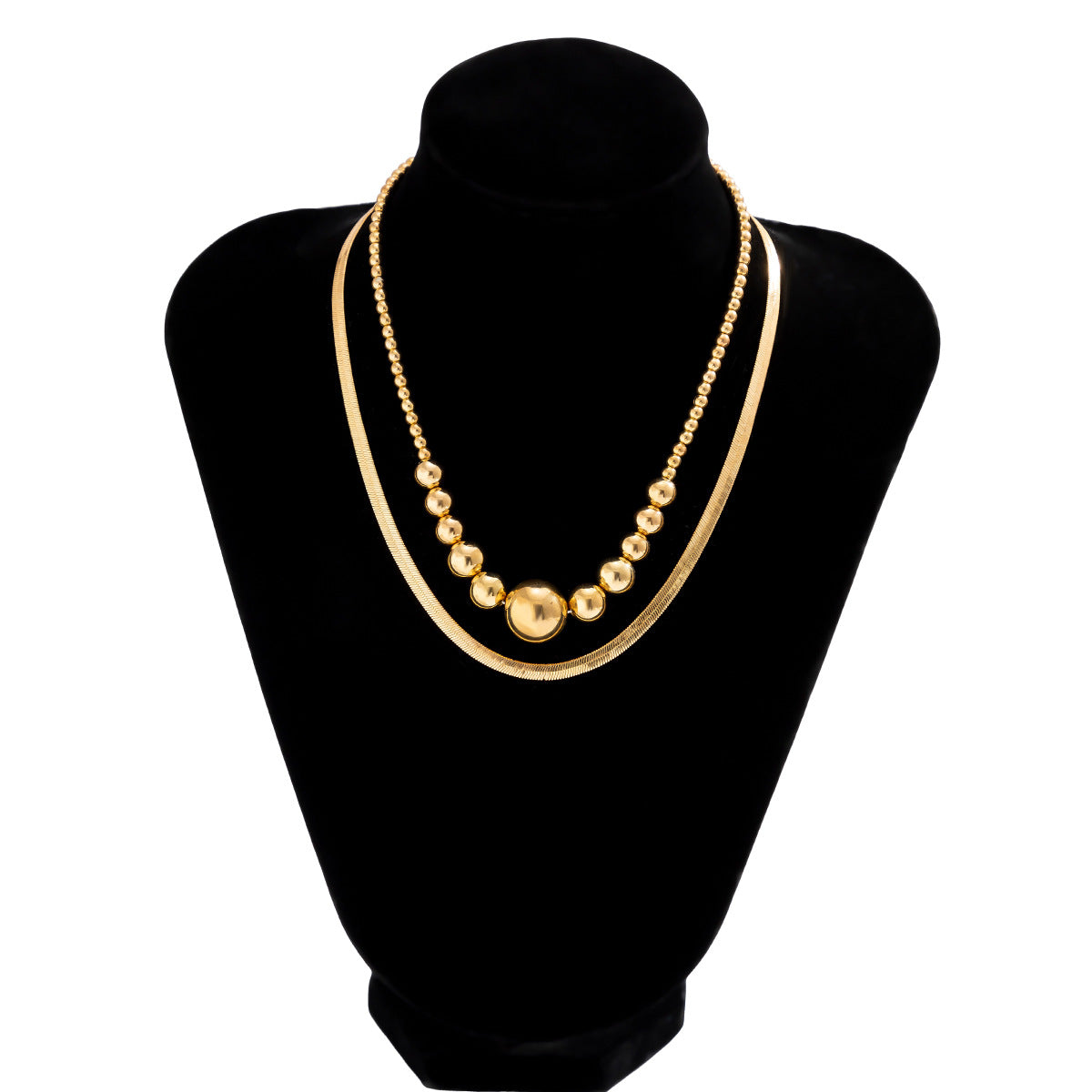 Collana Minimalista a Doppio Strato con Catenina a Serpente e Perline Rotonde Geometriche per Donna con Metallo Placcato e Ciondolo in Resina