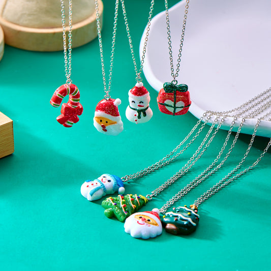 Collana con ciondolo a pupazzo di neve in resina stile OL, elementi natalizi, fiocco di neve, campana, scatola regalo di Babbo Natale, per donna