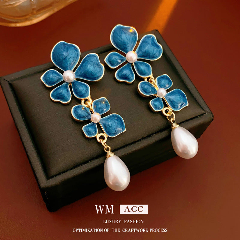 Orecchini Vintage da Donna con Perle a Fiori, Finitura Smaltata in Lega con Perni in Acciaio Inossidabile
