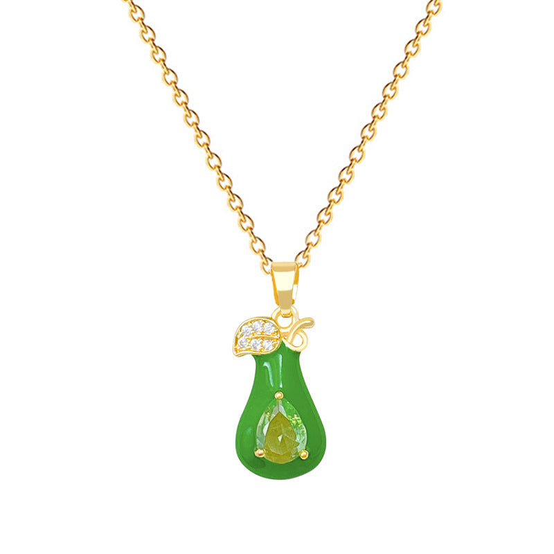 Sweet Green Teardrop Leaf Rhinestone Titanium Steel Necklace Unisex Cable Chain