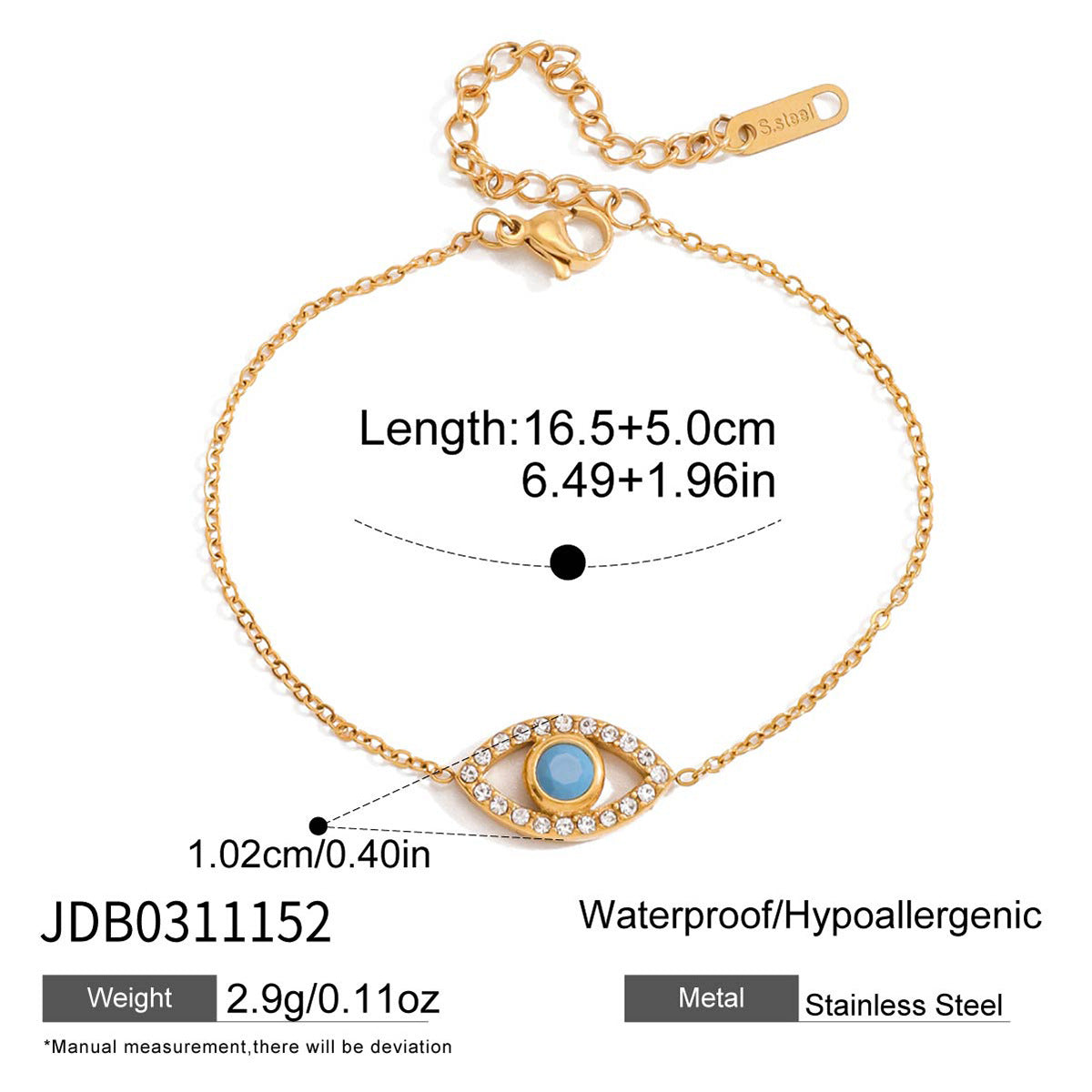 Elegant Geometric Evil Eye Cubic Zirconia Plated Stainless Steel Bracelet for Women