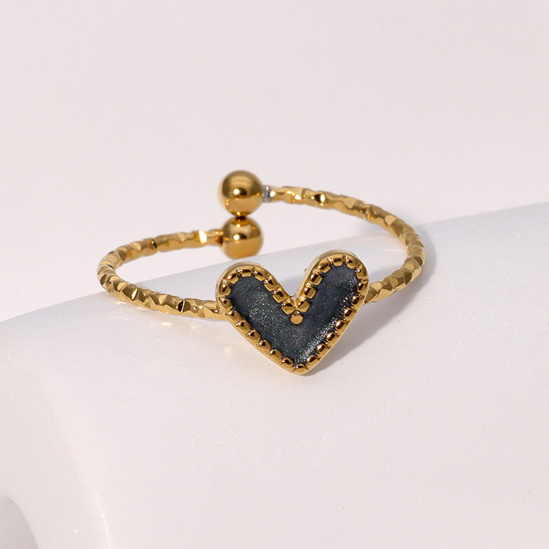 Sweet Minimalist French Vintage Heart-Shaped Stainless Steel Open Ring for Women with Plated Finish