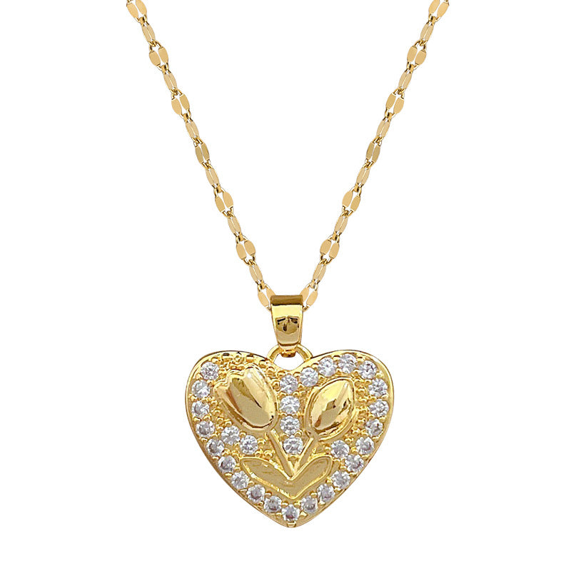 Minimalist Heart Rose Floral Pendant Necklace for Women Stainless Steel Snake Chain with Rhinestone Accents