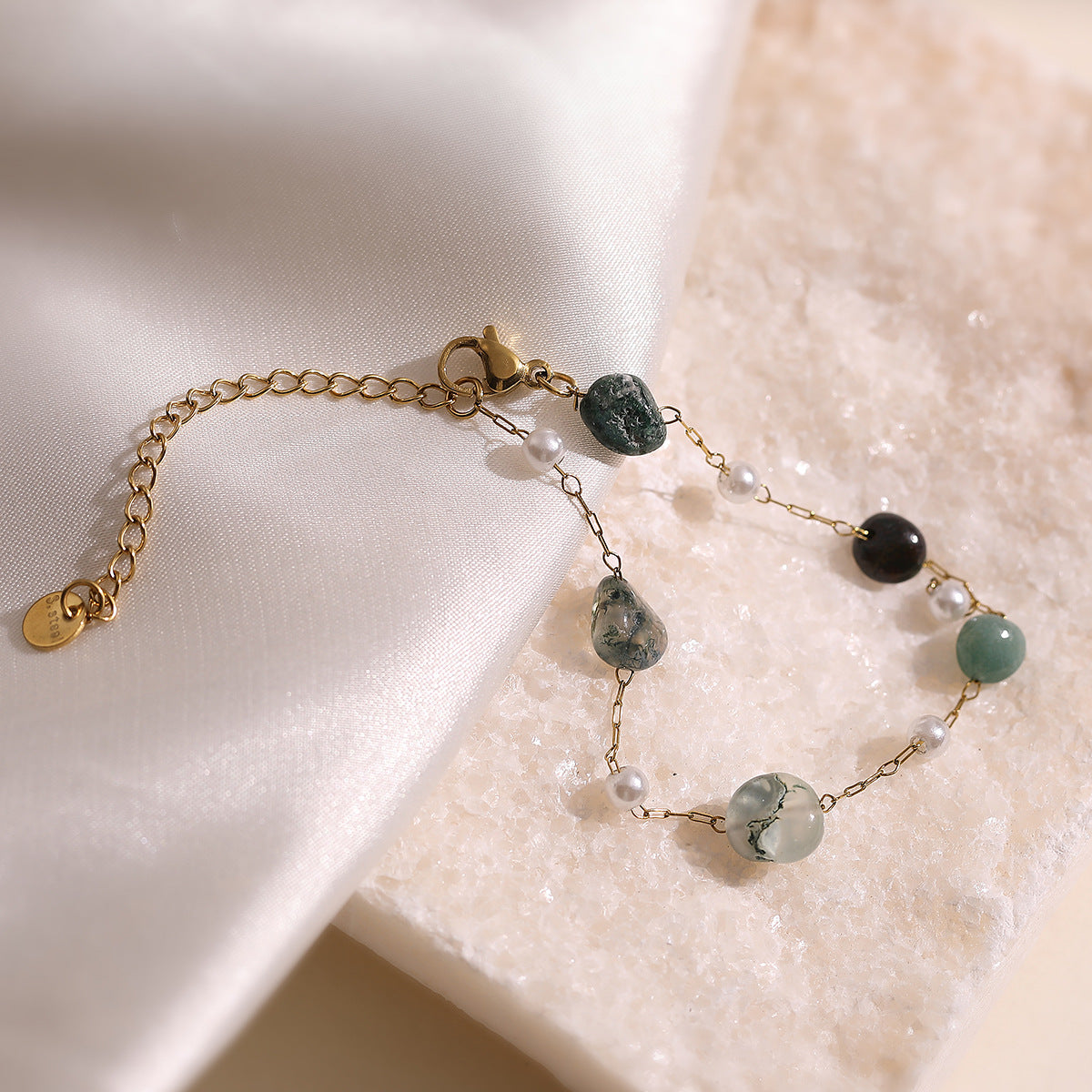 Minimalist Sweet 18K Gold Plated Geometric Natural Gemstone Stainless Steel Bracelet for Women