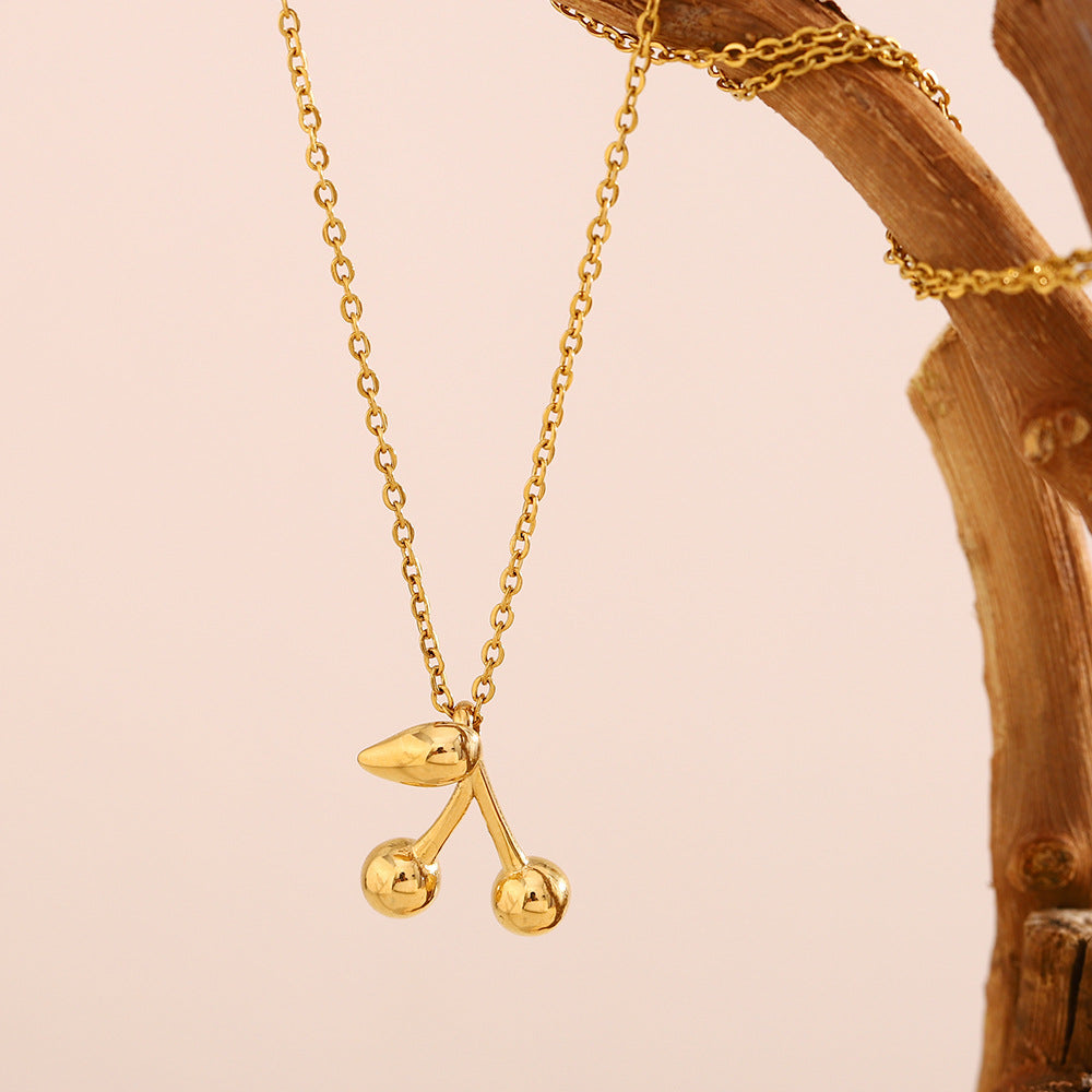 Fashion Cherry Pendant Necklace with Stainless Steel Chain and 18K Gold Plating for Women