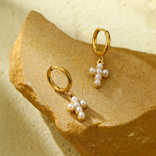 Pendientes de tuerca de acero de titanio con cruz y perlas para mujer, estilo minimalista y a la moda, con acabado galvanizado