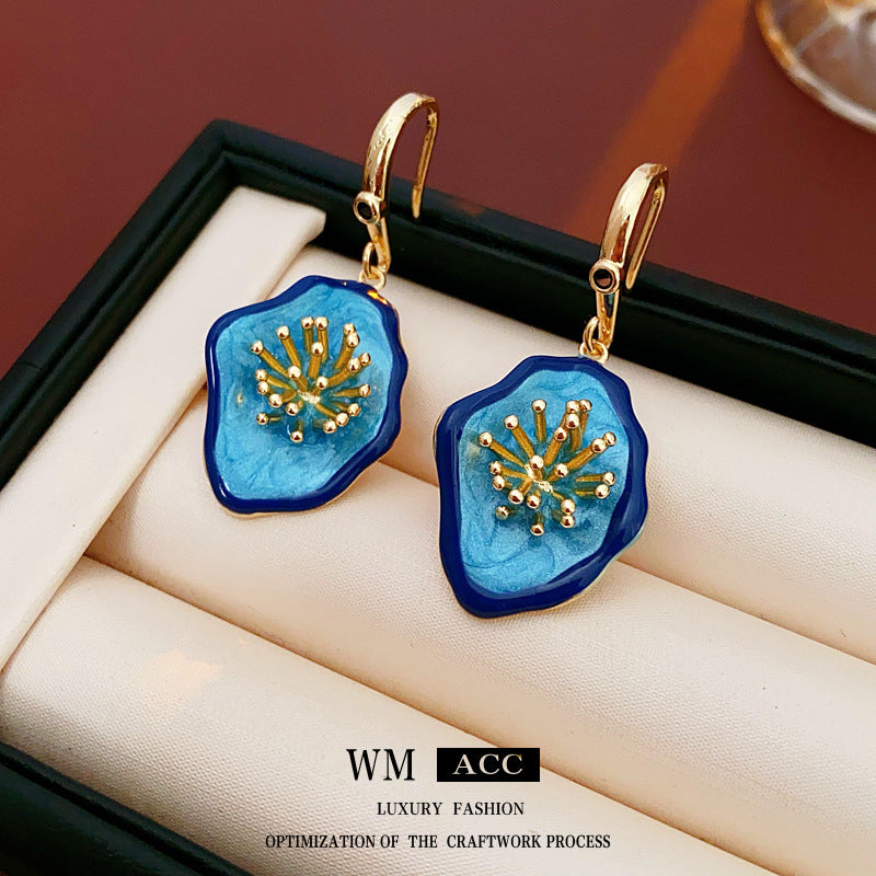 Pendientes florales geométricos vintage con incrustaciones de circonita y esmalte para mujer