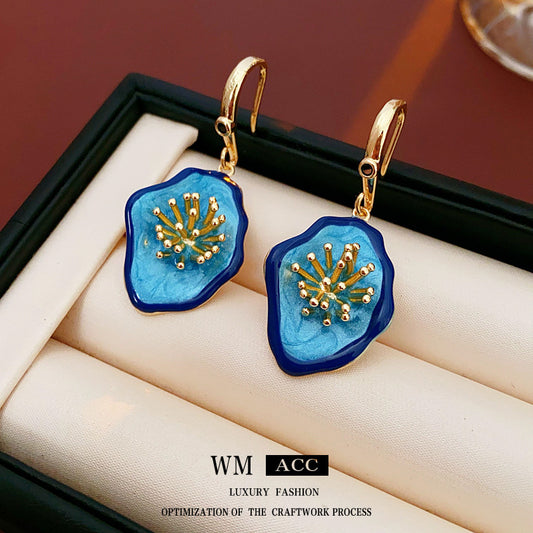 Vintage Floral Geometric Earrings with Zircon Inlay and Enamel Finish for Women