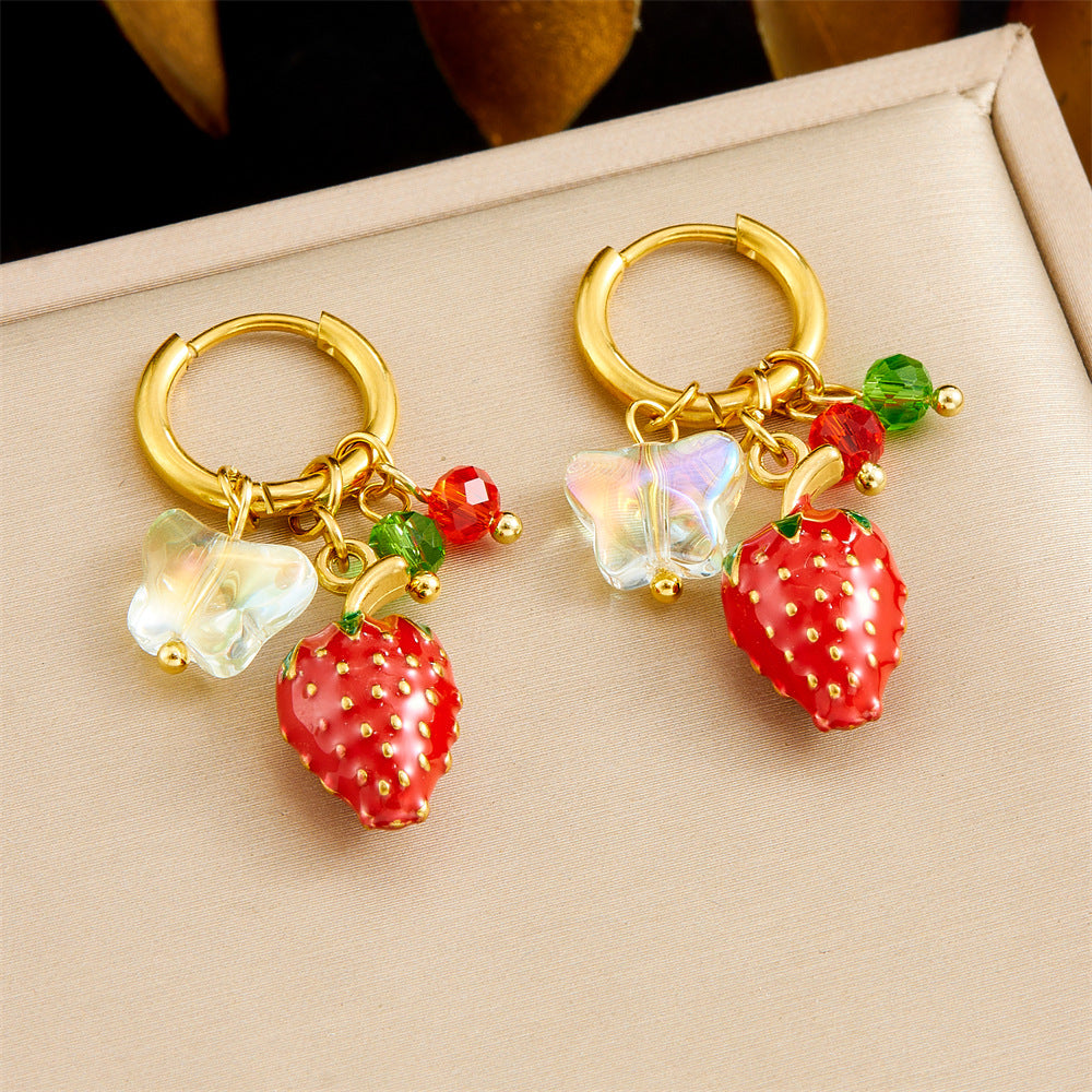 Sweet Stainless Steel Drip Oil Plated Butterfly Fruit Drop Earrings