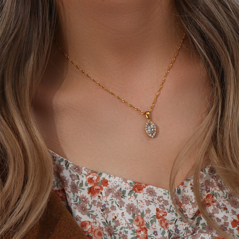 Minimalist Geometric Stainless Steel Leaf Pendant Necklace with Zircon Accents for Women