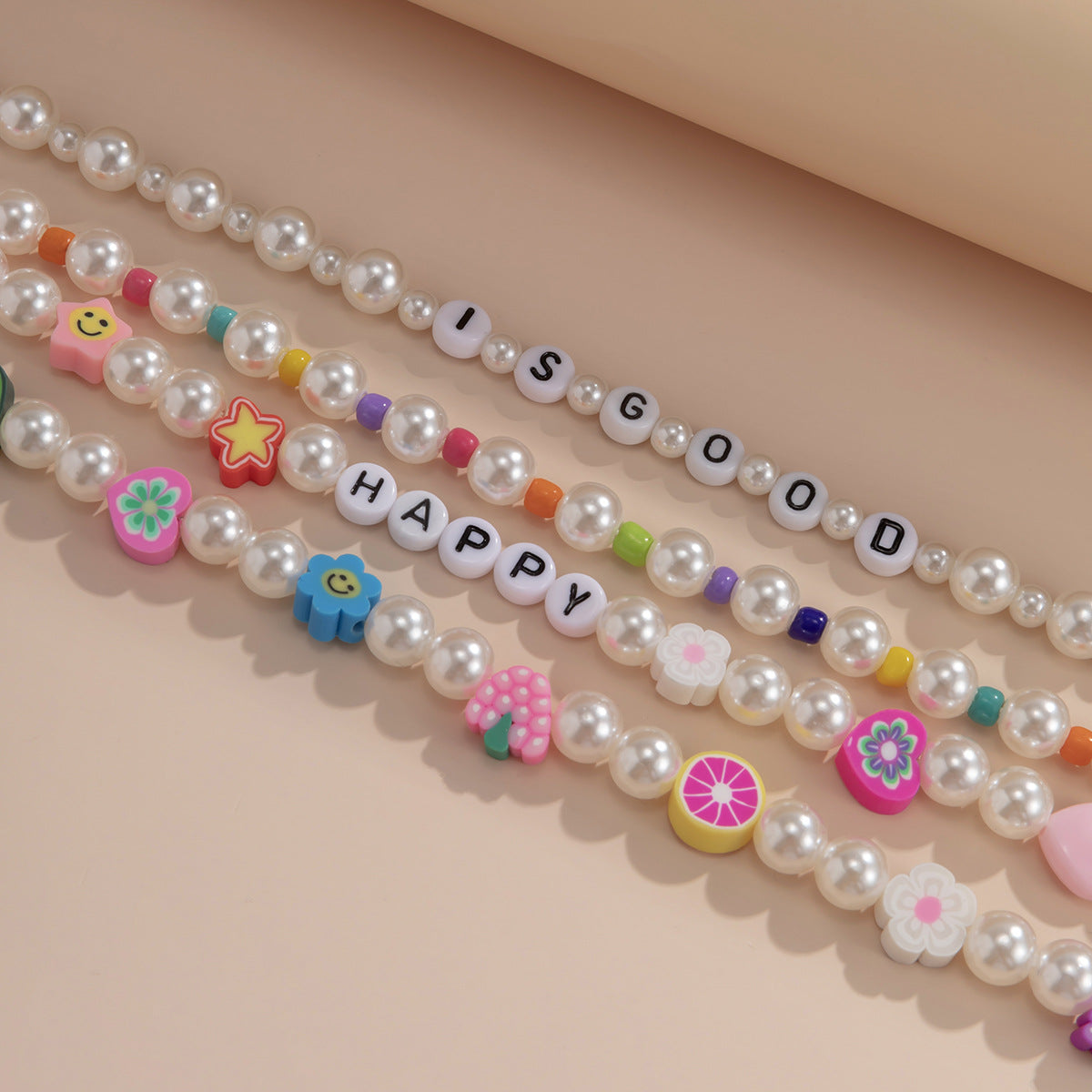Minimalist Fruit and Floral Woven Multi-Layer Necklace for Women with Resin Pearls and Geometric Accents in Round Bead Chain