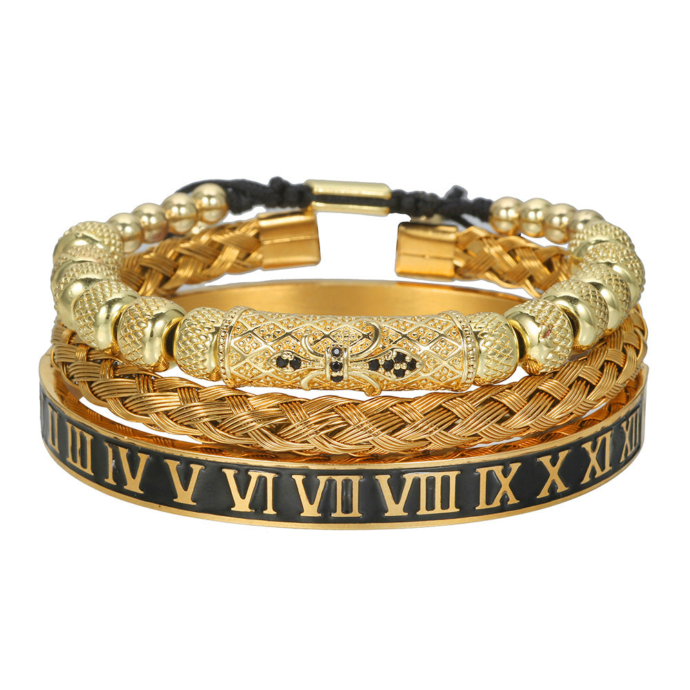 Vintage Geometric Letter Woven Stainless Steel Bracelet with Cubic Zirconia and Drip Oil