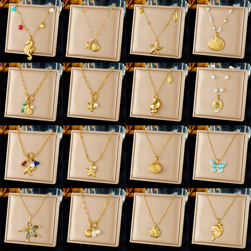 Chic Gold Plated Drip Oil Stainless Steel Starfish Butterfly Necklace