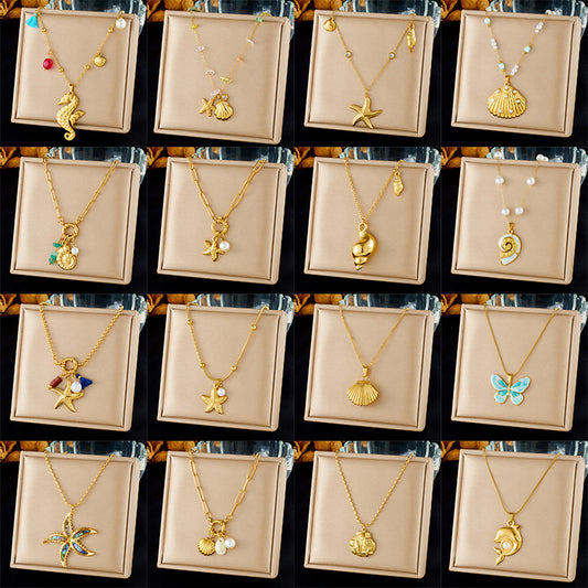 Chic Gold Plated Drip Oil Stainless Steel Starfish Butterfly Necklace