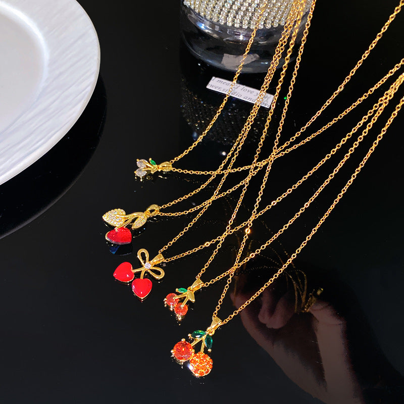 Sweet Rhinestone Cherry Fruit Pendant Titanium Steel Necklace with Cable Chain