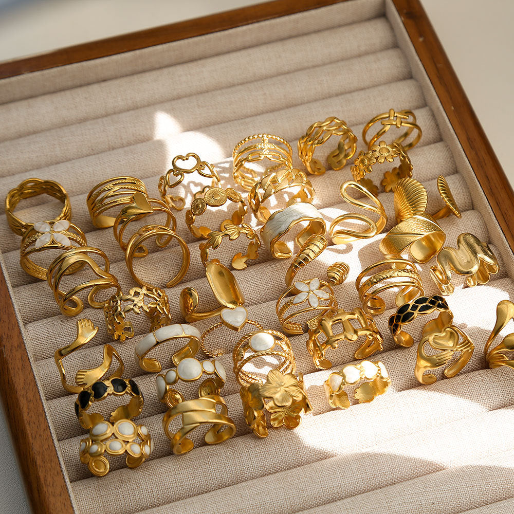 Anello Aperto Regolabile da Donna in Acciaio Inossidabile Stile INS Vintage, Geometrico e a Cuore, con Intarsio in Pietra Naturale, Elegante e Minimalista