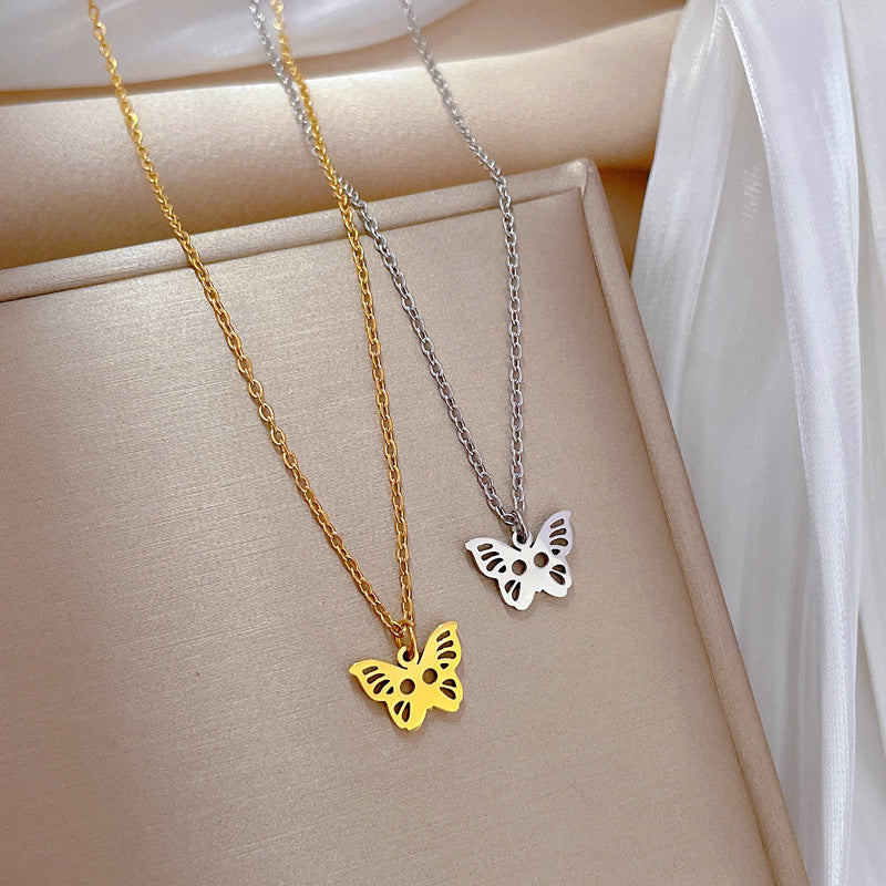 Minimalist Butterfly Pendant Necklace for Women in Titanium Steel with Gold Plating and Geometric Design