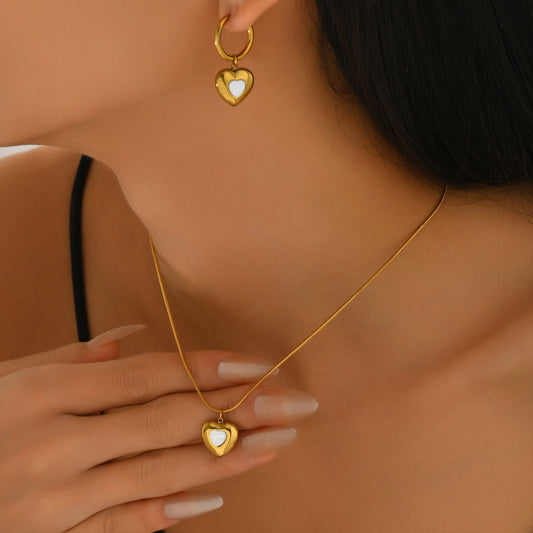Minimalist Heart-Shaped Copper Pendant Necklace Set with Matching Earrings Plated in 18K Gold for Women
