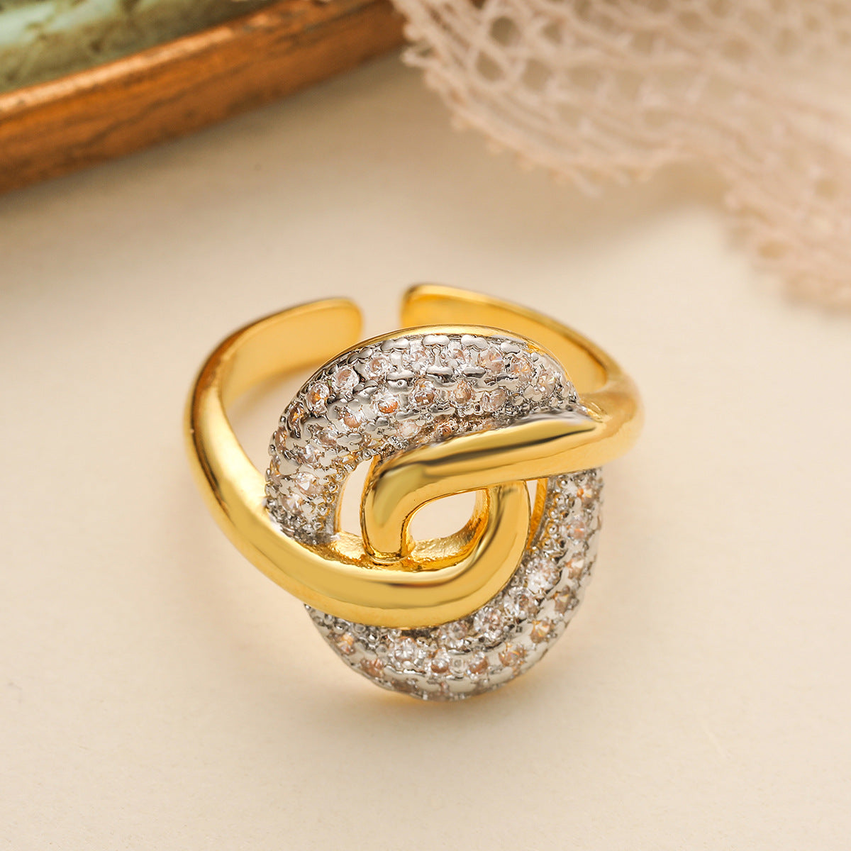 Minimalist Irregular Geometric Copper Ring with Micro-Pave Zirconia for Women