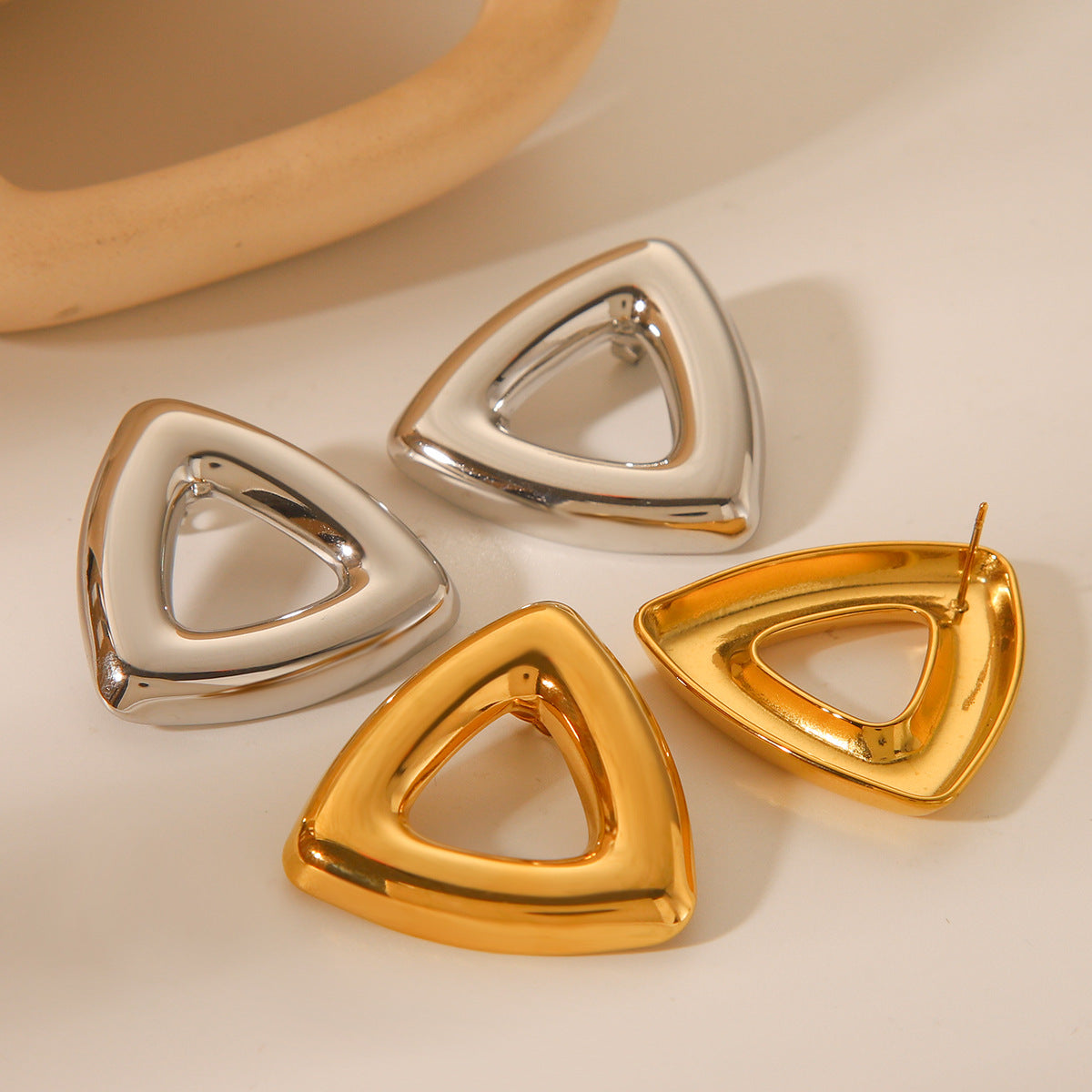 Geometric Triangle Stainless Steel Stud Earrings with 18K Gold Plating for Women