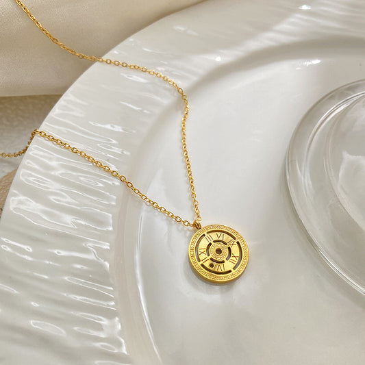 Gold Plated Round Number Pendant Titanium Steel Necklace for Unisex