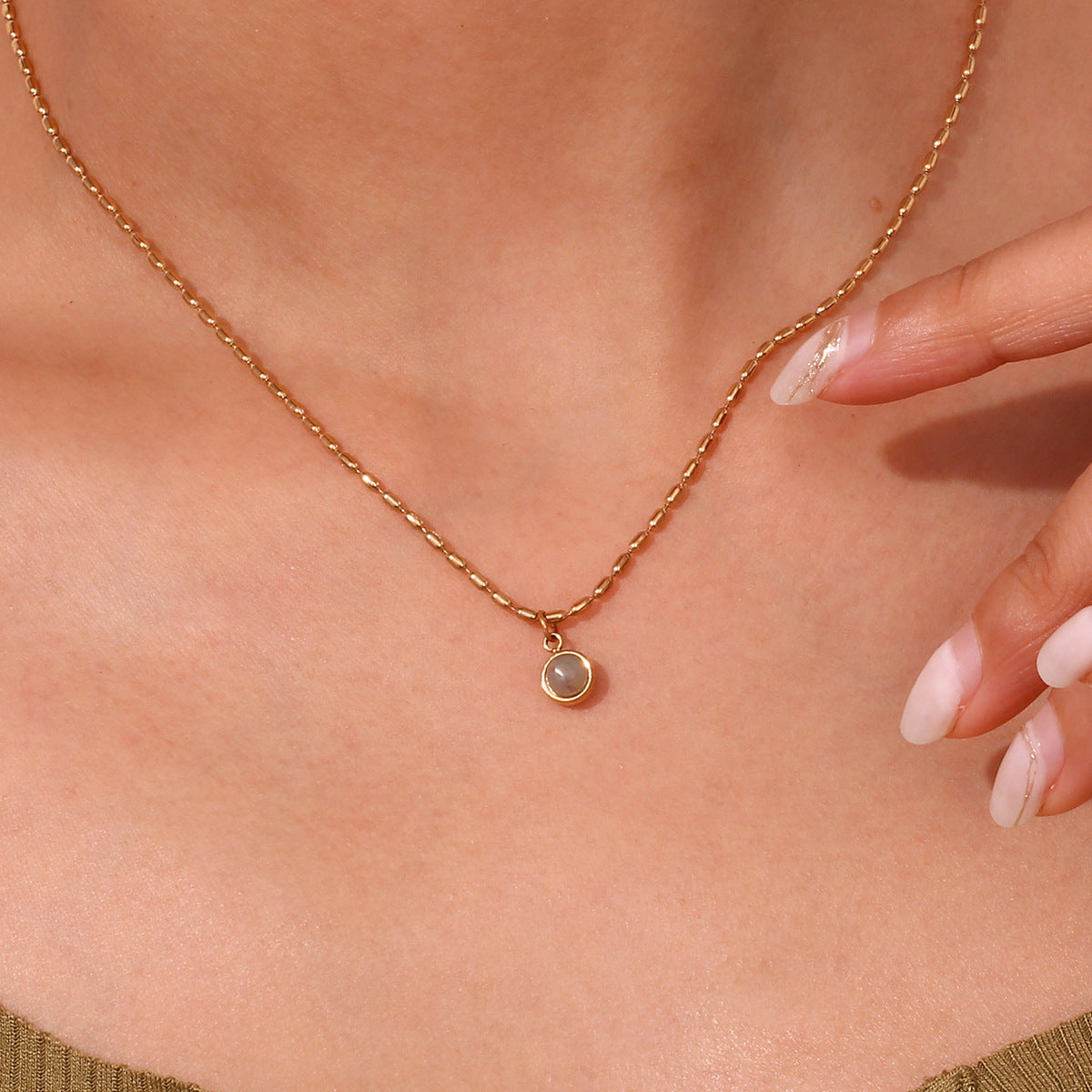 Minimalist Geometric Pendant Necklace in Stainless Steel with 18K Gold Plating and Natural Stone Accent for Women