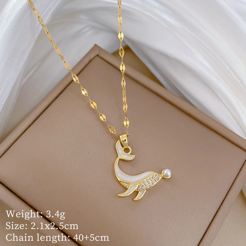Luxury Dolphin Pendant Necklace with Zircon Inlay on Titanium Steel Chain for Women, Geometric Design, Delicate Clavicle Jewelry