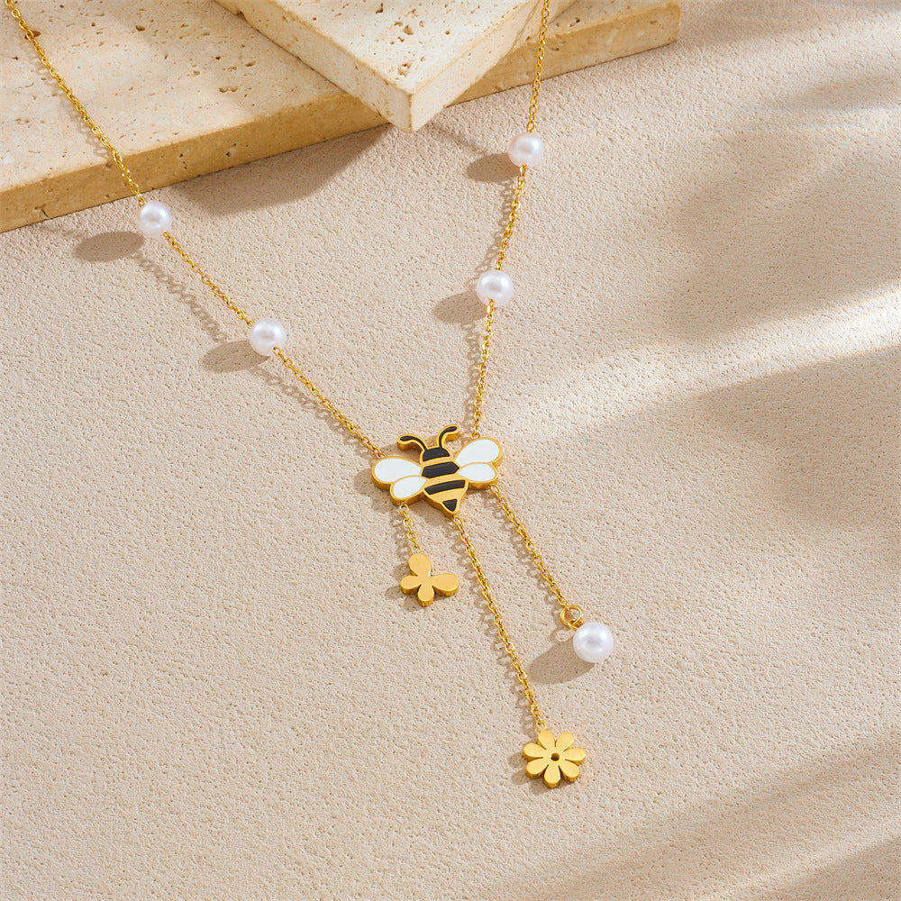 Sweet Cartoon Drip Oil Stainless Steel Butterfly Bee Flower Tassel Jewelry Set for Women