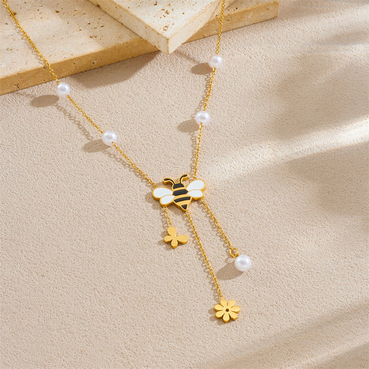 Sweet Cartoon Drip Oil Stainless Steel Butterfly Bee Flower Tassel Jewelry Set for Women