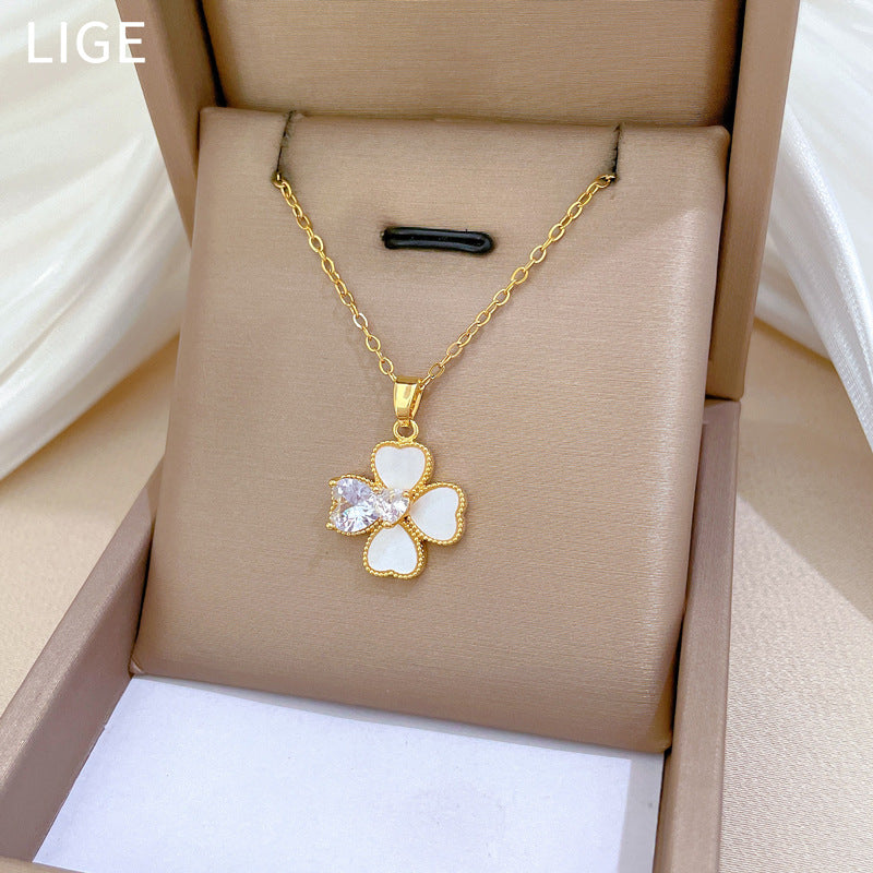 Luxury Titanium Steel Geometric Shell and Four-Leaf Clover Necklace and Earrings Set for Women