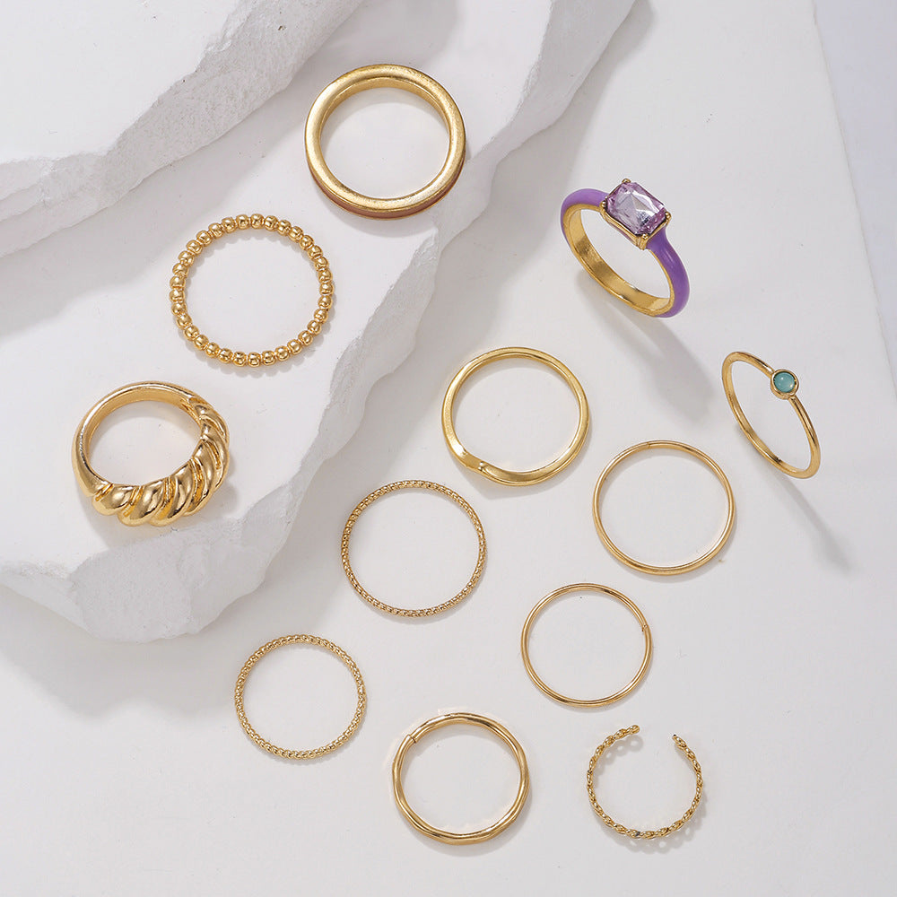 Minimalist Sweet Gold Plated Geometric Round Alloy Rhinestone Knuckle Ring Set for Women