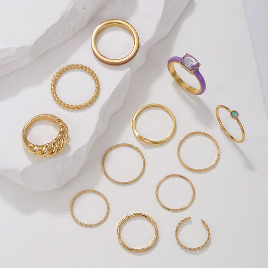 Minimalist Sweet Gold Plated Geometric Round Alloy Rhinestone Knuckle Ring Set for Women