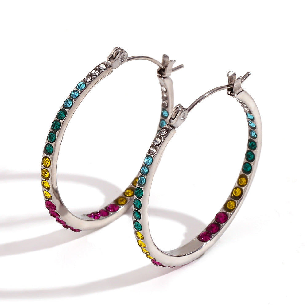 Minimalist Geometric Stainless Steel Earrings with 18K Gold Plating and White Rhinestone Inlay for Women