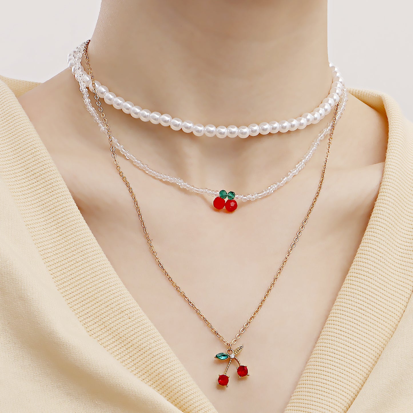 Sweet Minimalist Cherry-Shaped Alloy Pendant Necklace with Gold Plating for Women